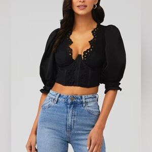 FOR LOVE & LEMONS sz M Serena Crop Top Black eyelet boning bustier puff sleeves